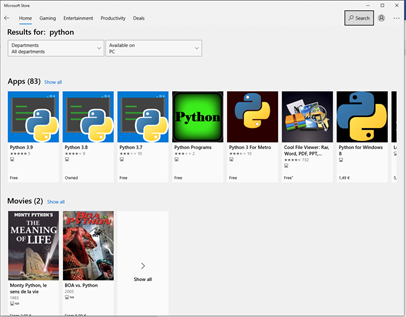 Search Python in Microsoft Store